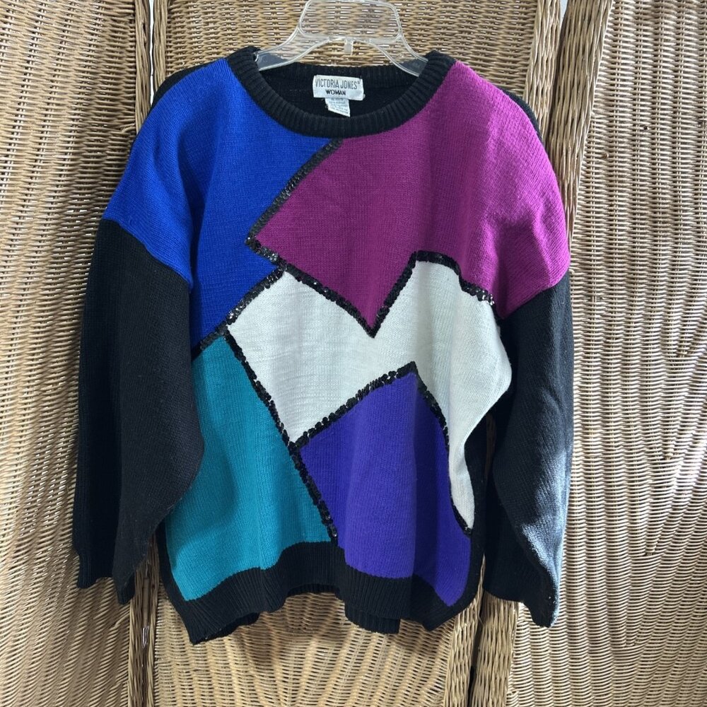 Vintage 90's Sweater Womens 2X Pullover Geometric Sparkle Multi-Color